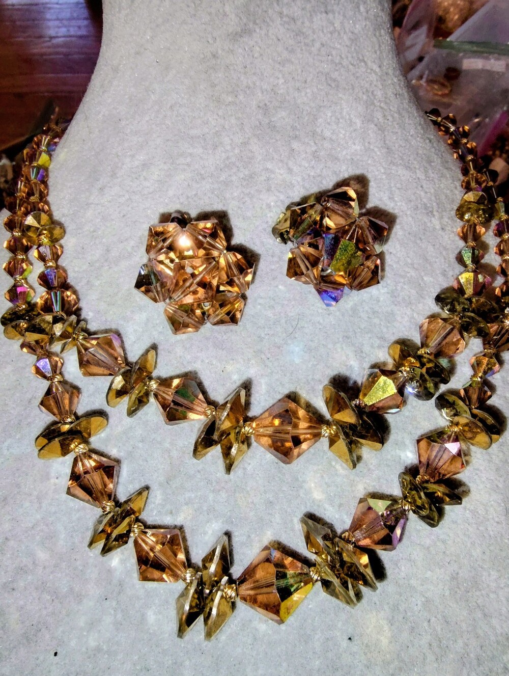 1960s Amber Bicone Aurora Borealis Crystal Two Strand Necklace &  Earrings 16"